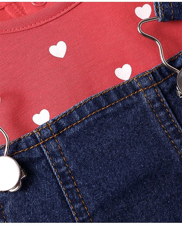 Babyhug Cotton Woven Frock & Half Sleeves Inner Tee With Heart Print - Navy Blue & Pink