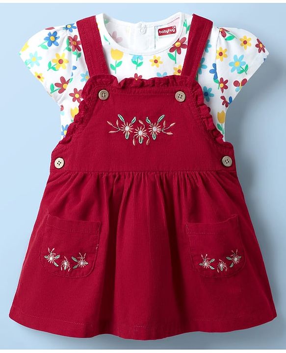 Babyhug Cotton Woven Half Sleeves Frock & Inner Tee With Floral Print & Embroidery - Red