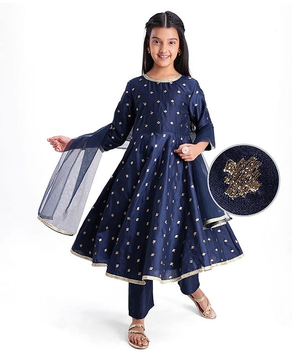 Pine Kids Woven Three Fourth Sleeves Kurta Chudidar Set with Embroidery & Lace Detailing - Navy Blue