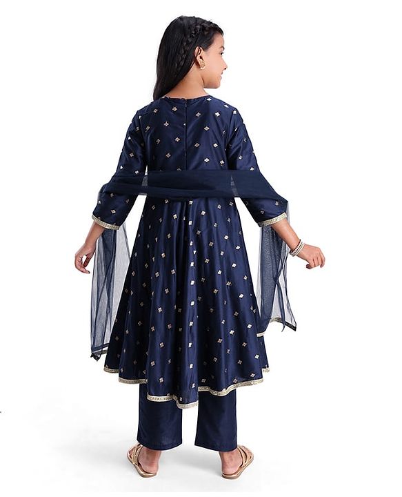 Pine Kids Woven Three Fourth Sleeves Kurta Chudidar Set with Embroidery & Lace Detailing - Navy Blue