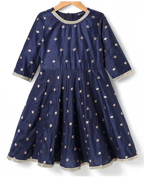 Pine Kids Woven Three Fourth Sleeves Kurta Chudidar Set with Embroidery & Lace Detailing - Navy Blue