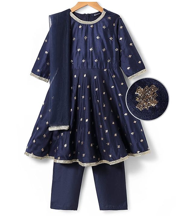 Pine Kids Woven Three Fourth Sleeves Kurta Chudidar Set with Embroidery & Lace Detailing - Navy Blue