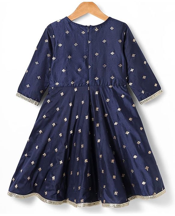 Pine Kids Woven Three Fourth Sleeves Kurta Chudidar Set with Embroidery & Lace Detailing - Navy Blue