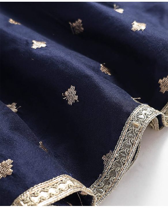 Pine Kids Woven Three Fourth Sleeves Kurta Chudidar Set with Embroidery & Lace Detailing - Navy Blue