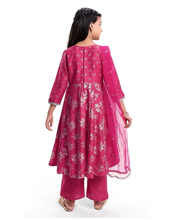 Pine Kids Woven Three Fourth Sleeves Kurti Salwar Set with Dupatta & Floral Foil Print - Dark Pink