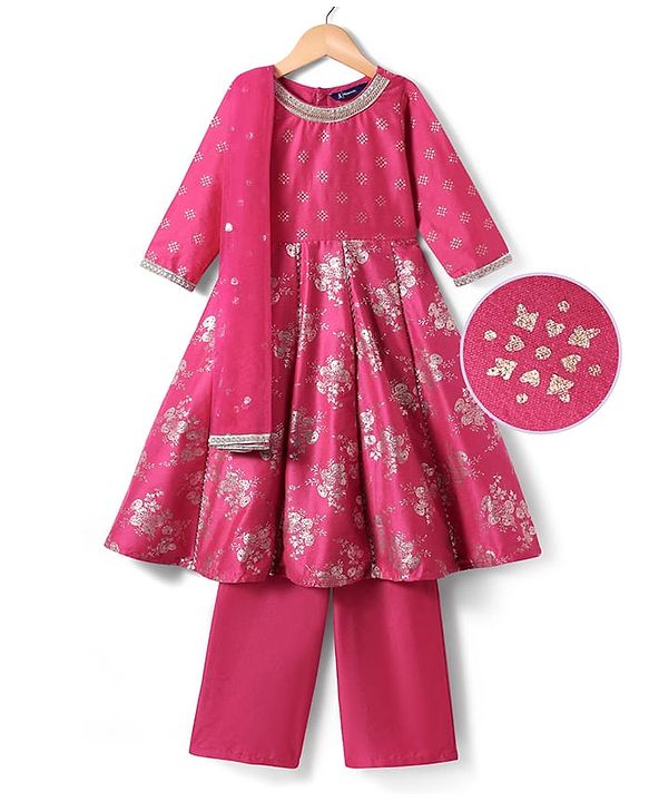 Pine Kids Woven Three Fourth Sleeves Kurti Salwar Set with Dupatta & Floral Foil Print - Dark Pink