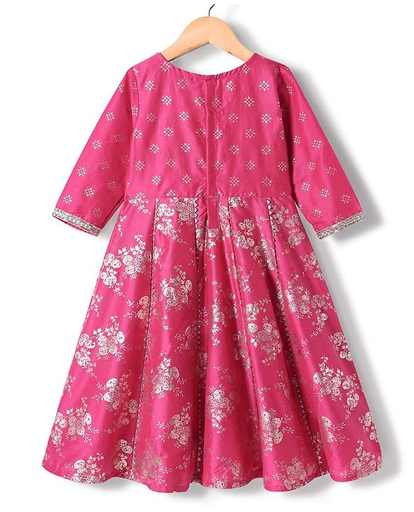 Pine Kids Woven Three Fourth Sleeves Kurti Salwar Set with Dupatta & Floral Foil Print - Dark Pink