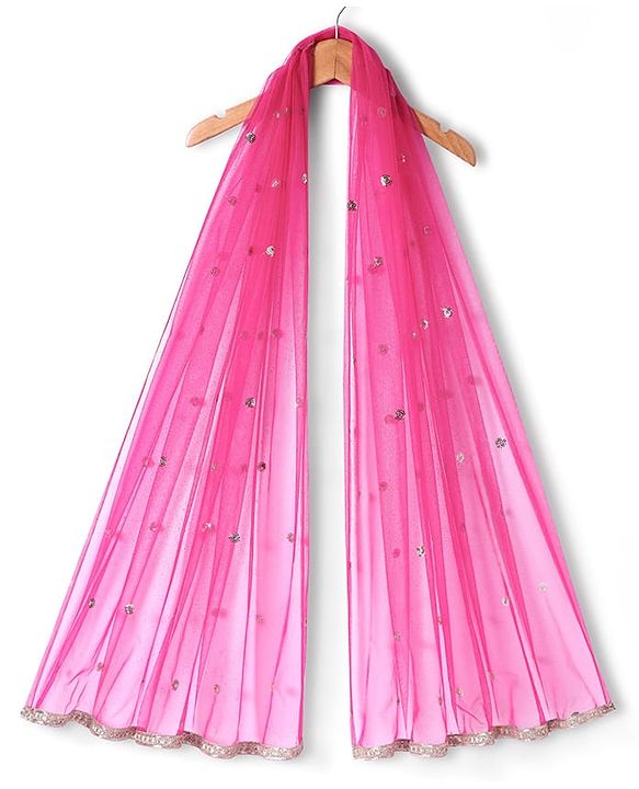 Pine Kids Woven Three Fourth Sleeves Kurti Salwar Set with Dupatta & Floral Foil Print - Dark Pink