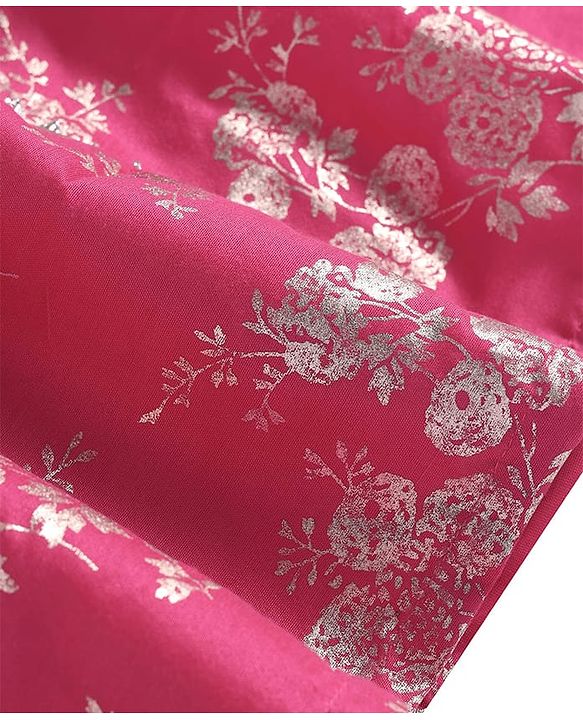 Pine Kids Woven Three Fourth Sleeves Kurti Salwar Set with Dupatta & Floral Foil Print - Dark Pink
