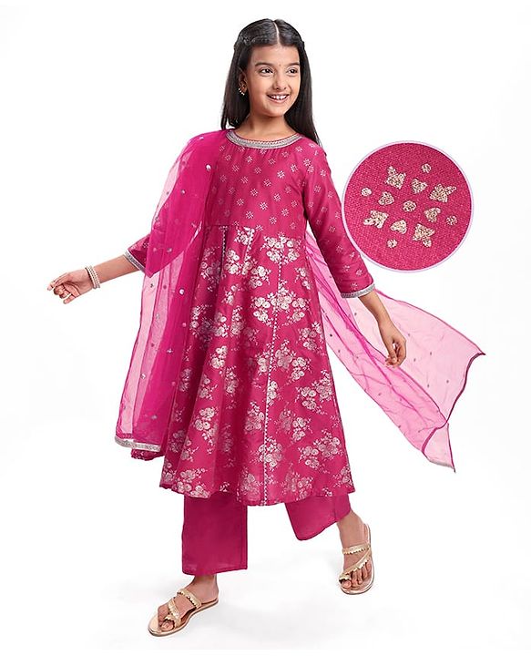 Pine Kids Woven Three Fourth Sleeves Kurti Salwar Set with Dupatta & Floral Foil Print - Dark Pink