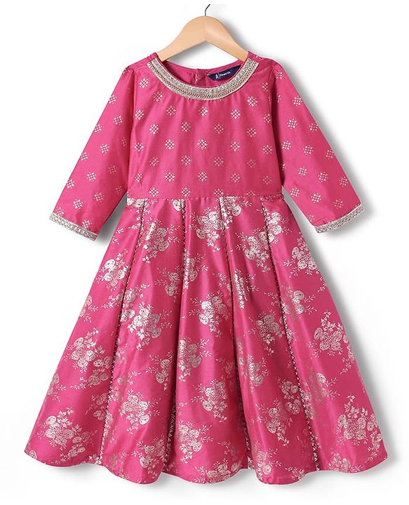Pine Kids Woven Three Fourth Sleeves Kurti Salwar Set with Dupatta & Floral Foil Print - Dark Pink