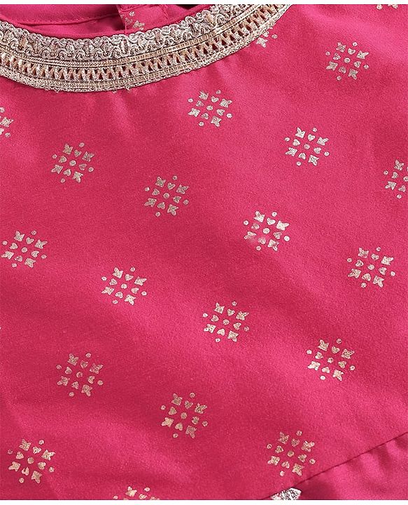 Pine Kids Woven Three Fourth Sleeves Kurti Salwar Set with Dupatta & Floral Foil Print - Dark Pink