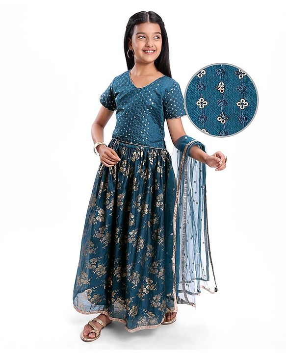 Pine Kids Woven Half Sleeves Floral Printed Choli Lehenga Set with Dupatta & Sequin Detailing - Teal Blue