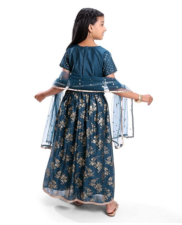 Pine Kids Woven Half Sleeves Floral Printed Choli Lehenga Set with Dupatta & Sequin Detailing - Teal Blue