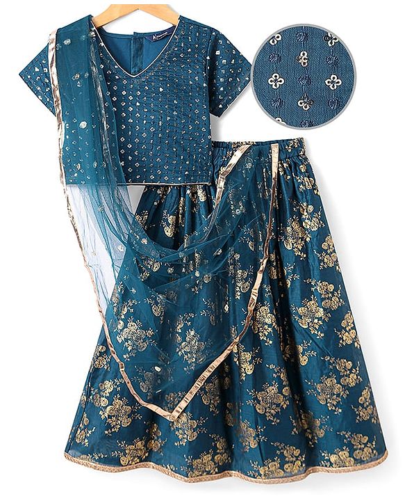 Pine Kids Woven Half Sleeves Floral Printed Choli Lehenga Set with Dupatta & Sequin Detailing - Teal Blue