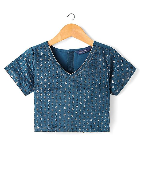 Pine Kids Woven Half Sleeves Floral Printed Choli Lehenga Set with Dupatta & Sequin Detailing - Teal Blue