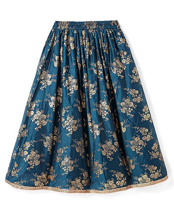 Pine Kids Woven Half Sleeves Floral Printed Choli Lehenga Set with Dupatta & Sequin Detailing - Teal Blue
