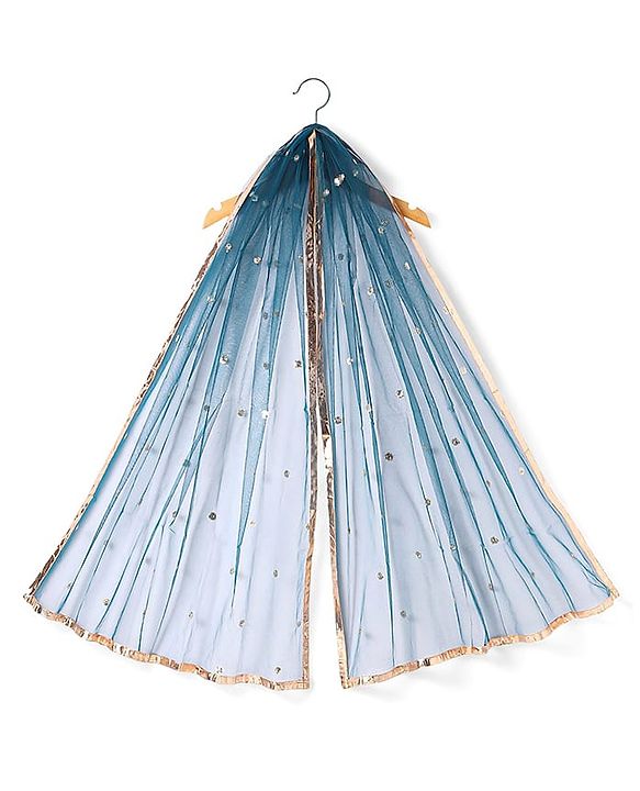 Pine Kids Woven Half Sleeves Floral Printed Choli Lehenga Set with Dupatta & Sequin Detailing - Teal Blue