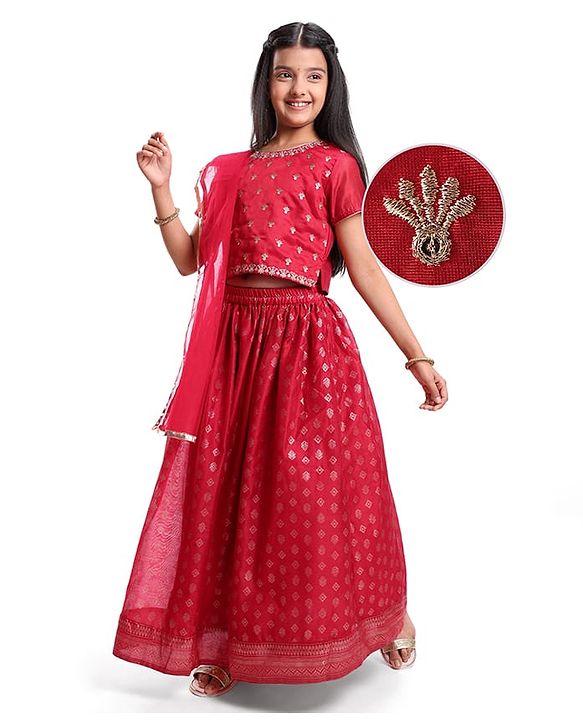 Pine Kids Half Sleeves Floral Embroidered Choli with Foil Printed Lehenga  & Dupatta   Set - Red