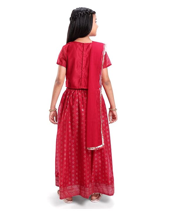Pine Kids Half Sleeves Floral Embroidered Choli with Foil Printed Lehenga  & Dupatta   Set - Red