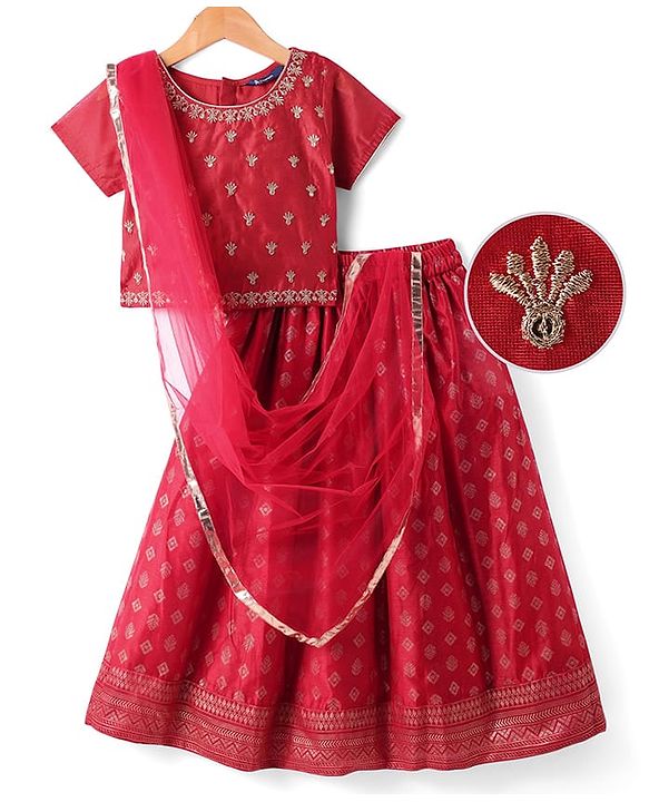 Pine Kids Half Sleeves Floral Embroidered Choli with Foil Printed Lehenga  & Dupatta   Set - Red