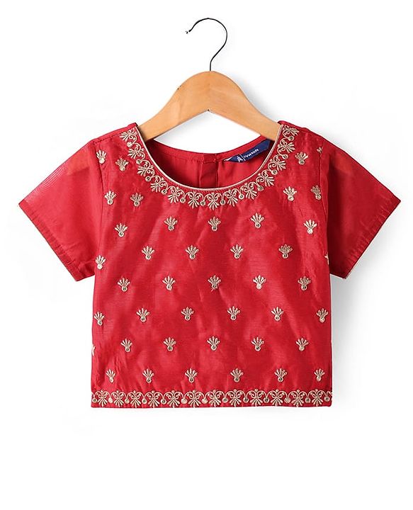 Pine Kids Half Sleeves Floral Embroidered Choli with Foil Printed Lehenga  & Dupatta   Set - Red