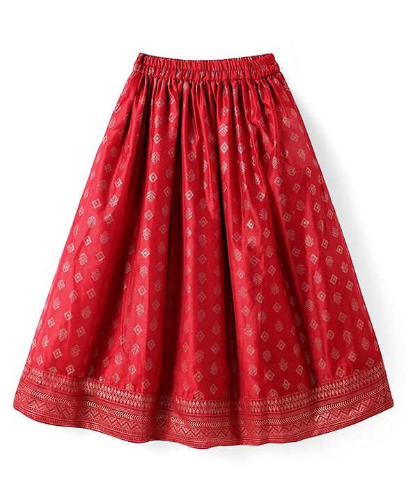 Pine Kids Half Sleeves Floral Embroidered Choli with Foil Printed Lehenga  & Dupatta   Set - Red