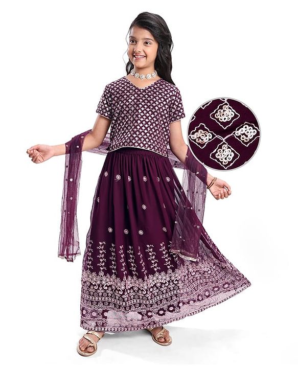 Pine Kids Woven Half Sleeves Floral Sequinned Choli Lehenga Set with Dupatta - Wine