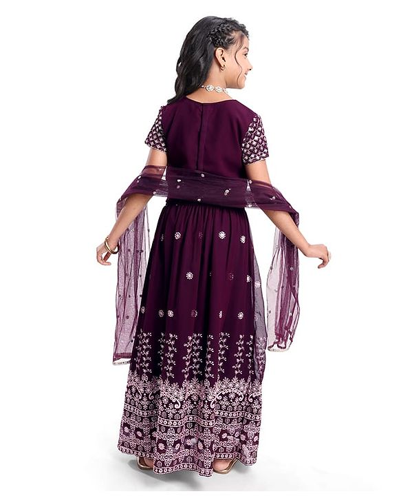 Pine Kids Woven Half Sleeves Floral Sequinned Choli Lehenga Set with Dupatta - Wine