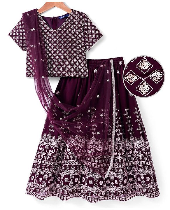 Pine Kids Woven Half Sleeves Floral Sequinned Choli Lehenga Set with Dupatta - Wine