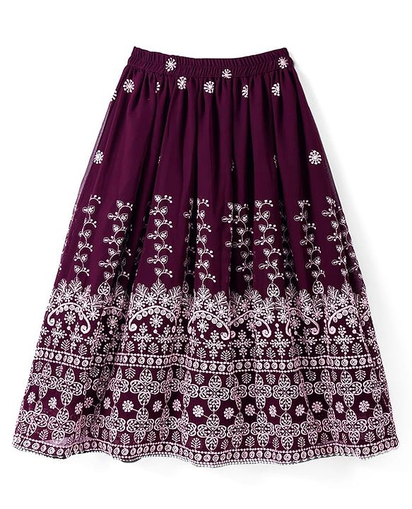 Pine Kids Woven Half Sleeves Floral Sequinned Choli Lehenga Set with Dupatta - Wine
