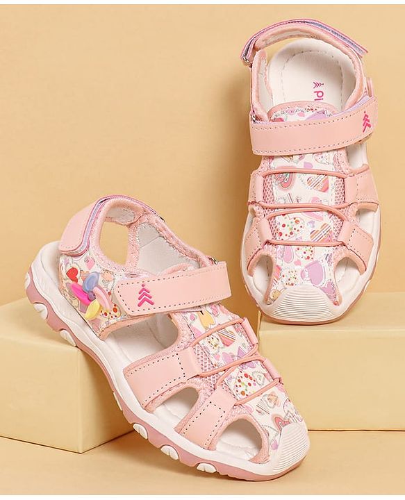 Pine Kids Heart Printed Sandals With Floral Applique & Velcro Closure - Purple