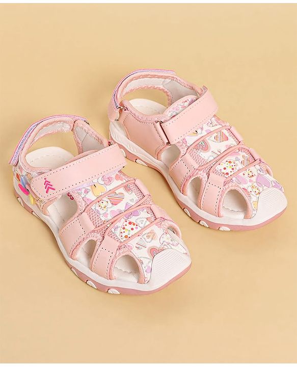 Pine Kids Heart Printed Sandals With Floral Applique & Velcro Closure - Purple