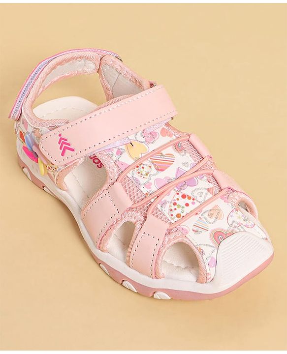 Pine Kids Heart Printed Sandals With Floral Applique & Velcro Closure - Purple