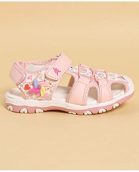 Pine Kids Heart Printed Sandals With Floral Applique & Velcro Closure - Purple