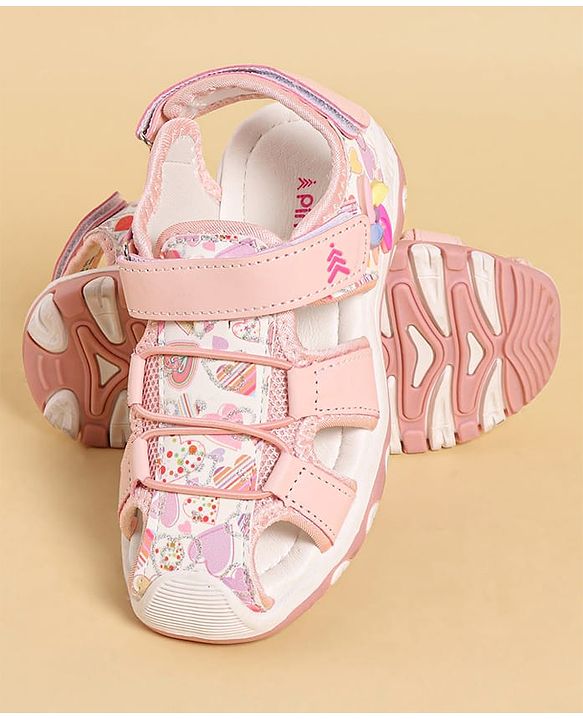Pine Kids Heart Printed Sandals With Floral Applique & Velcro Closure - Purple