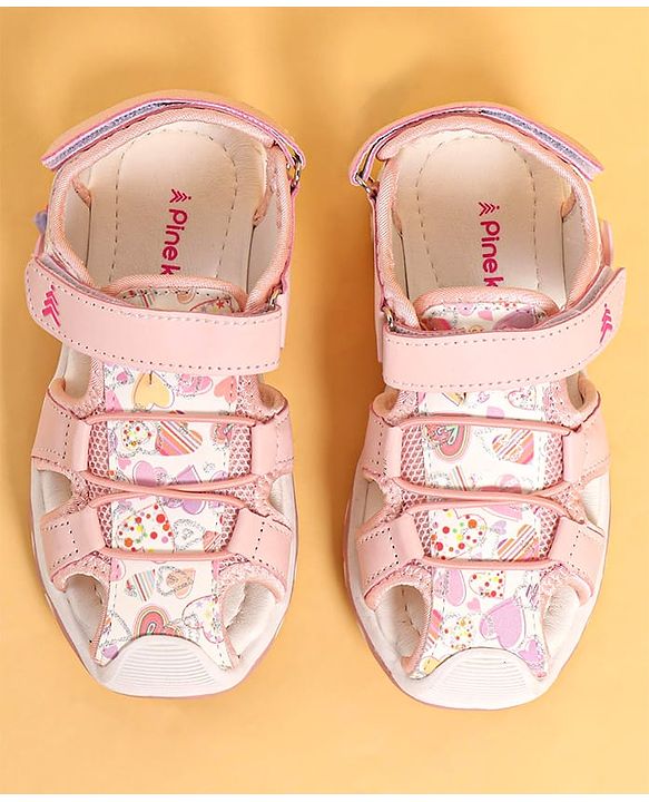 Pine Kids Heart Printed Sandals With Floral Applique & Velcro Closure - Purple