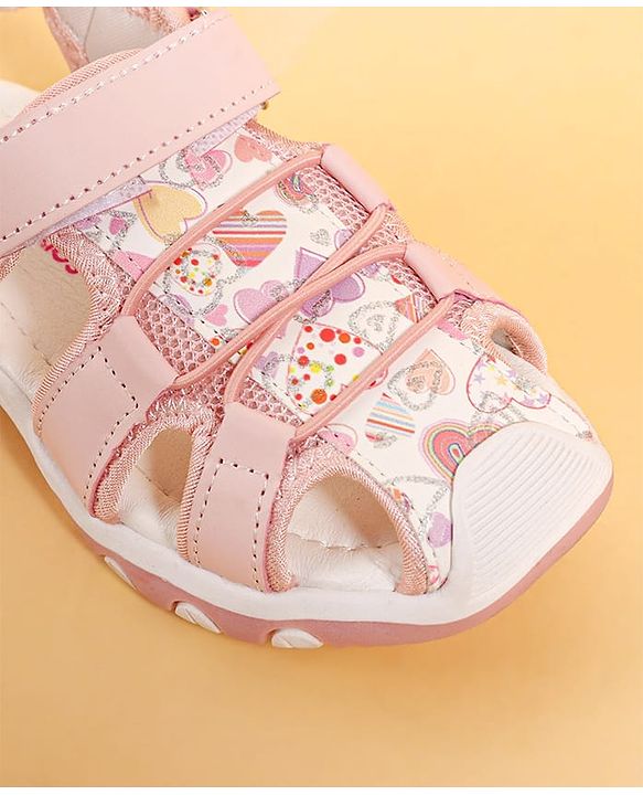 Pine Kids Heart Printed Sandals With Floral Applique & Velcro Closure - Purple