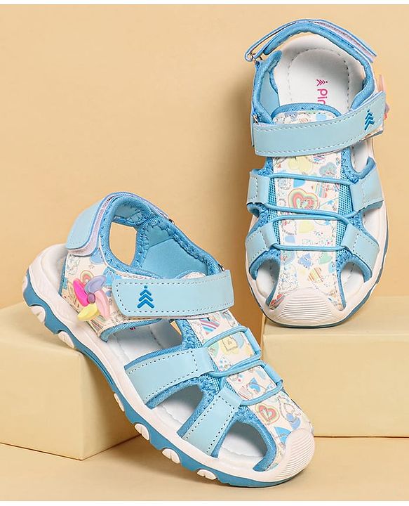 Pine Kids Heart Printed Sandals With Floral Applique & Velcro Closure - Purple