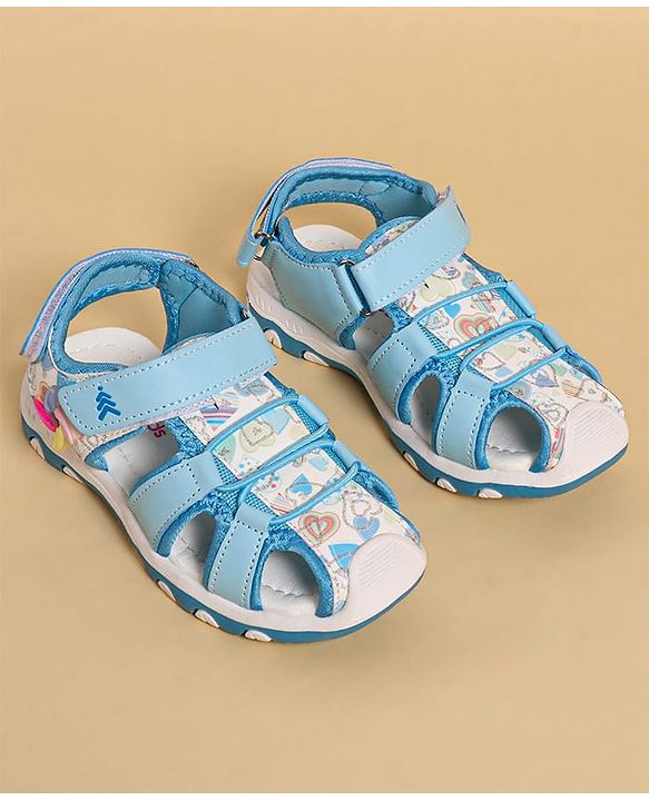 Pine Kids Heart Printed Sandals With Floral Applique & Velcro Closure - Purple