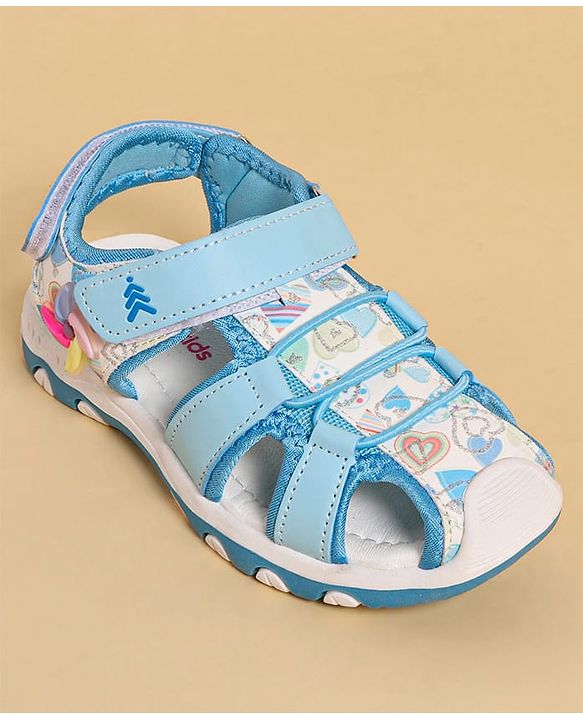 Pine Kids Heart Printed Sandals With Floral Applique & Velcro Closure - Purple
