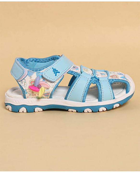 Pine Kids Heart Printed Sandals With Floral Applique & Velcro Closure - Purple
