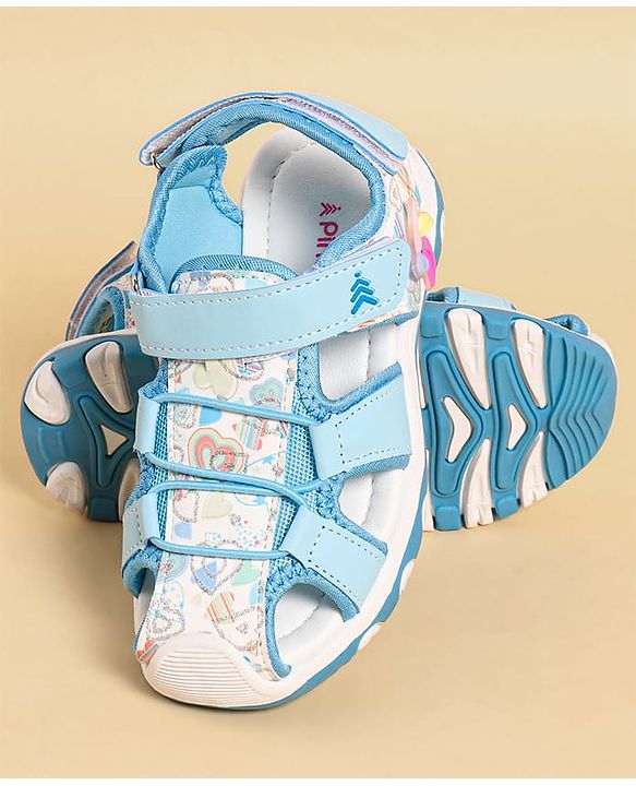 Pine Kids Heart Printed Sandals With Floral Applique & Velcro Closure - Purple