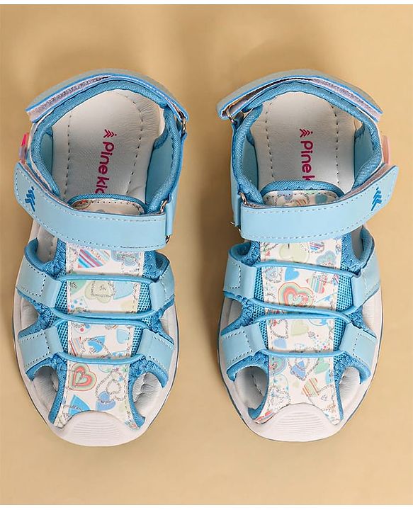 Pine Kids Heart Printed Sandals With Floral Applique & Velcro Closure - Purple