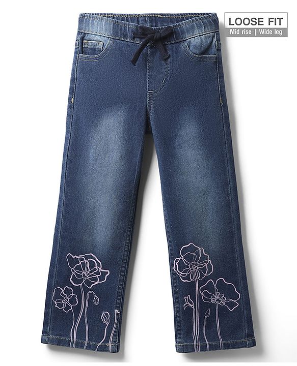 Pine Kids Woven Full Length Washed Denim Jeans With Floral Print - Blue