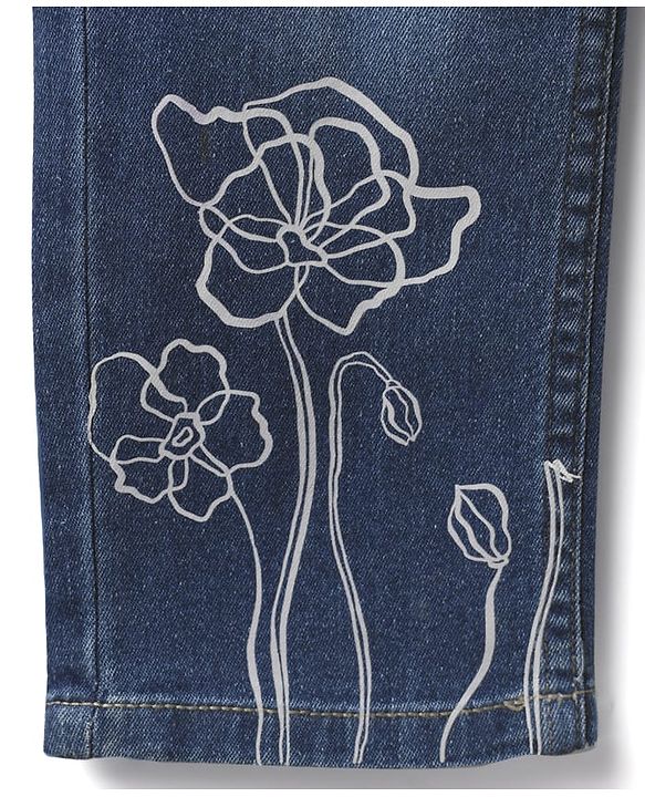 Pine Kids Woven Full Length Washed Denim Jeans With Floral Print - Blue