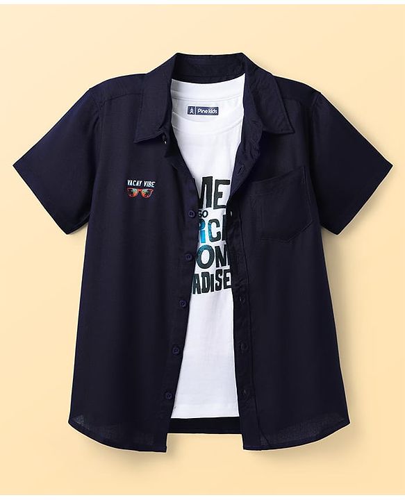 Pine Kids Viscose Woven Half Sleeves Shirt & T-Shirt with Text Print - Navy Blue & White