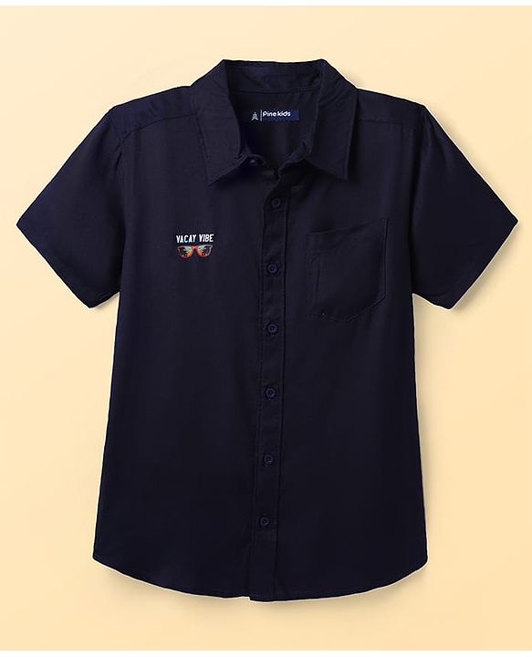 Pine Kids Viscose Woven Half Sleeves Shirt & T-Shirt with Text Print - Navy Blue & White