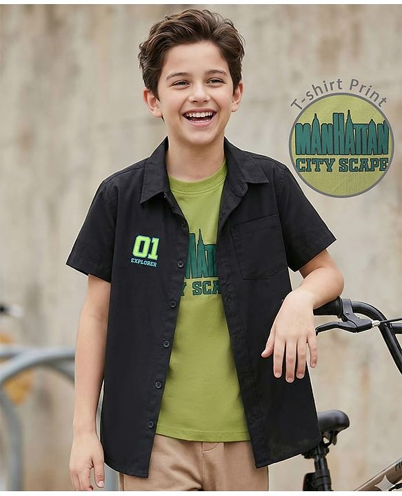 Pine Kids Viscose Woven Half Sleeves Shirt with T-Shirt & Text Print - Black & Green