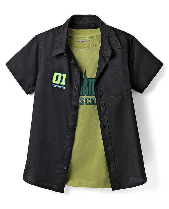 Pine Kids Viscose Woven Half Sleeves Shirt with T-Shirt & Text Print - Black & Green
